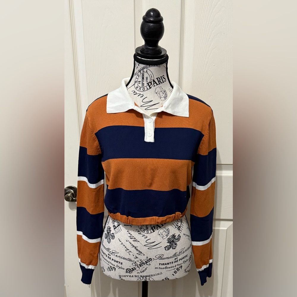 L.A. Hearts Orange & Navy Striped Long Sleeve Crop Polo